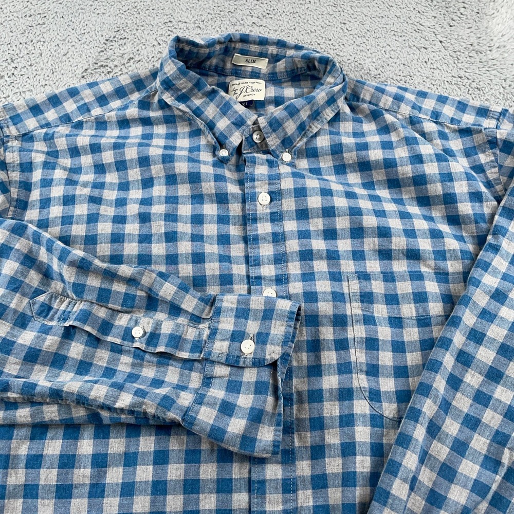 J Crew Shirt Mens Extra Large Blue Gingham Secret Wash Cotton Slim Fit Casual